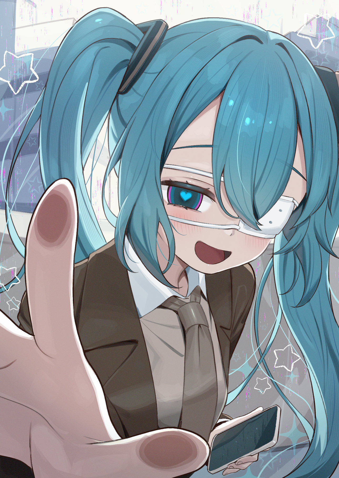 tsukiman, hatsune miku, vocaloid, commentary, highres, 1girl, :d, black jacket, blue eyes, blue hair, cellphone, collared shirt, eyepatch, grey necktie, grey vest, heart, heart-shaped pupils, holding, holding phone, jacket, long hair, looking at viewer, necktie, open mouth, phone, shirt, smartphone, smile, solo, star (symbol), symbol-shaped pupils, twintails, vest, white shirt
