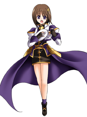 aoi masami, oumi marin, yagami hayate, lyrical nanoha, mahou shoujo lyrical nanoha, mahou shoujo lyrical nanoha strikers, lowres, 00s, 1girl, female focus, fingerless gloves, gloves, hair ornament, hat, magical girl, solo, unworn hat, unworn headwear, waist cape, x hair ornament
