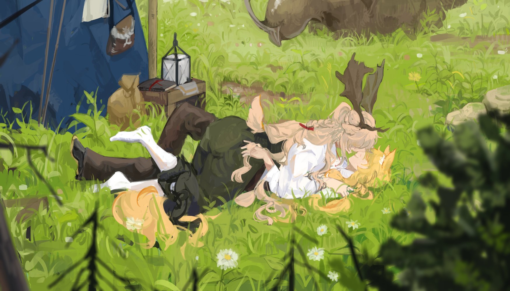 kotcate, nearl (arknights), viviana (arknights), arknights, commentary, highres, 2girls, animal ears, antlers, black pants, black skirt, blonde hair, blurry, blurry foreground, brown hair, day, deer tail, grass, hand in another's hair, horns, horse ears, lantern, long hair, lying on person, multiple girls, on ground, open mouth, outdoors, pants, shirt, skirt, smile, socks, tail, tent, white shirt, white socks, yuri