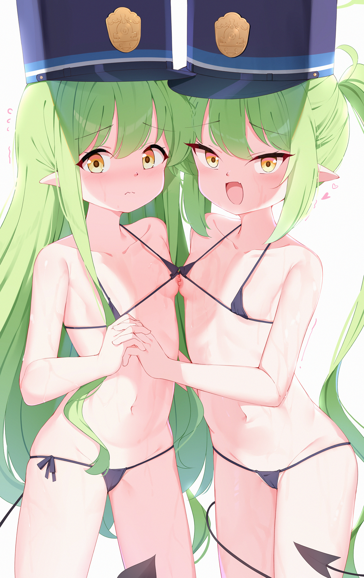 painter-lhb, hikari (blue archive), nozomi (blue archive), blue archive, commentary request, highres, paid reward available, 2girls, asymmetrical docking, bikini, black bikini, blue hat, breast press, breasts, cameltoe, closed mouth, collarbone, demon girl, demon tail, fang, green hair, hat, holding hands, interlocked fingers, long hair, micro bikini, multiple girls, navel, nipples, open mouth, peaked cap, pointy ears, siblings, side-tie bikini bottom, sisters, skin fang, small breasts, string bikini, swimsuit, tail, twins, twintails, very long hair, yellow eyes