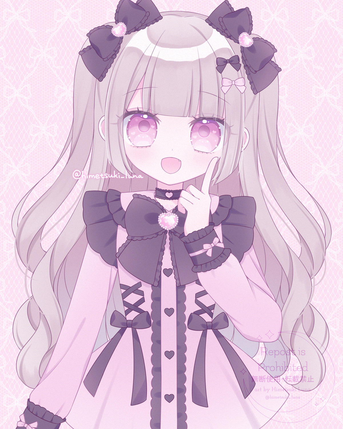 himetsuki luna, original, commentary request, highres, 1girl, :d, black bow, black choker, blush, bow, brown hair, center frills, choker, dress, fang, frilled bow, frills, hair bow, hair ornament, heart, heart hair ornament, index finger raised, jirai kei, long hair, long sleeves, looking at viewer, open mouth, pink dress, puffy long sleeves, puffy sleeves, purple eyes, smile, solo, twitter username, two side up, very long hair