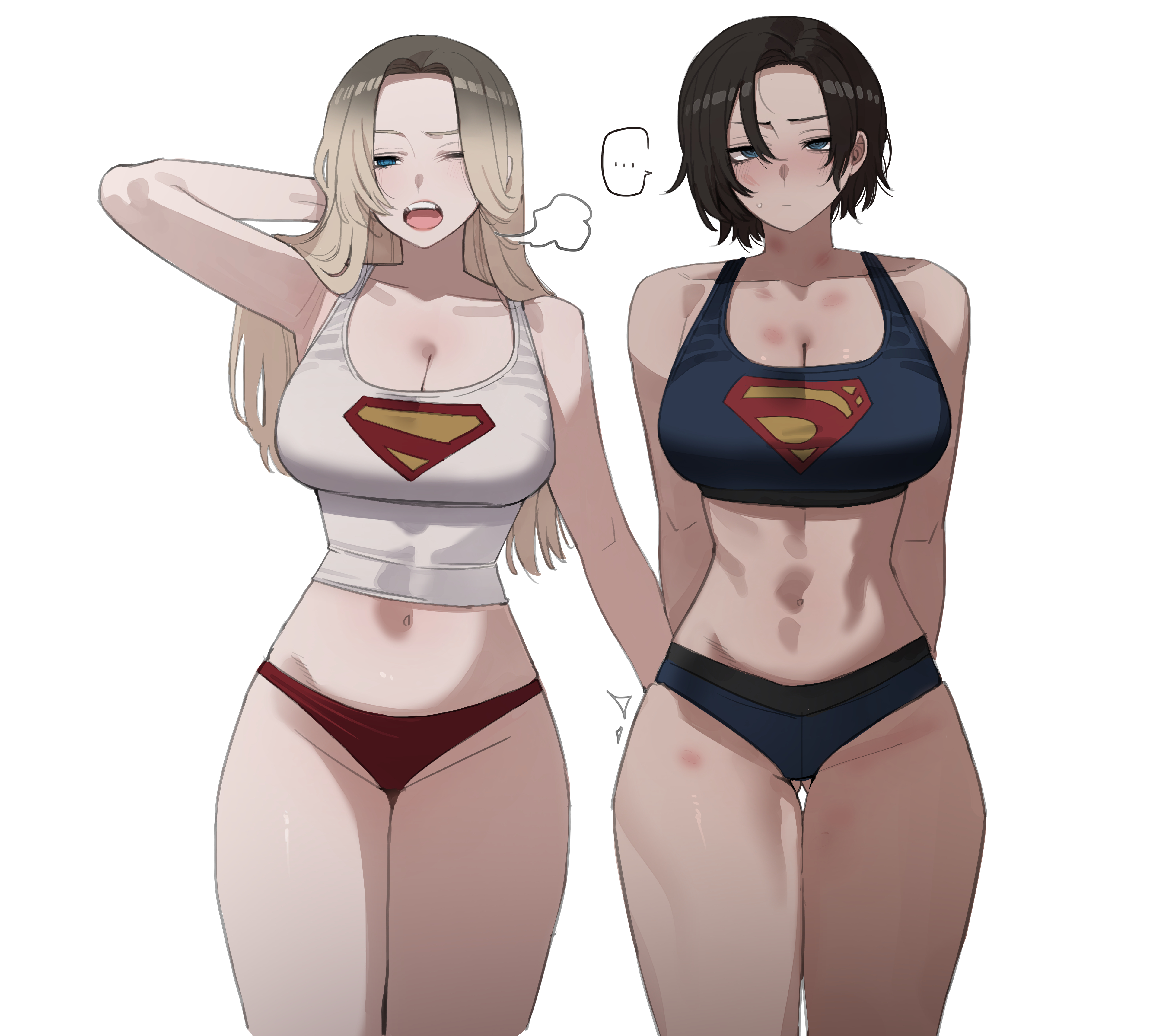 ratatatat74, supergirl, dc comics, dc extended universe, superman (2025), the flash (movie), absurdres, highres, tagme, …, 2girls, abs, bare legs, blonde hair, breasts, cleavage, hand on another's ass, long hair, midriff, multicolored hair, multiple girls, navel, panties, short hair, sigh, simple background, spoken ellipsis, streaked hair, underwear, white background, yuri