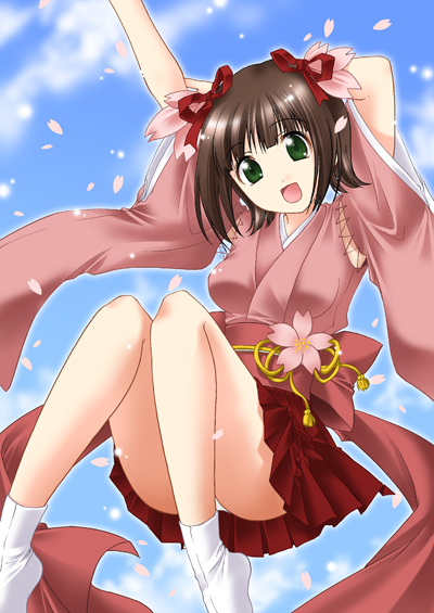 itsuki sayaka, amami haruka, idolmaster, idolmaster (classic), idolmaster 1, 00s, 1girl, :d, arms up, blue sky, blush, day, female focus, full body, hair ribbon, japanese clothes, kimono, obi, open mouth, panties, pantyshot, petals, red ribbon, ribbon, sash, short sleeves, sky, smile, socks, solo, tareme, underwear, white panties, white socks, wide sleeves