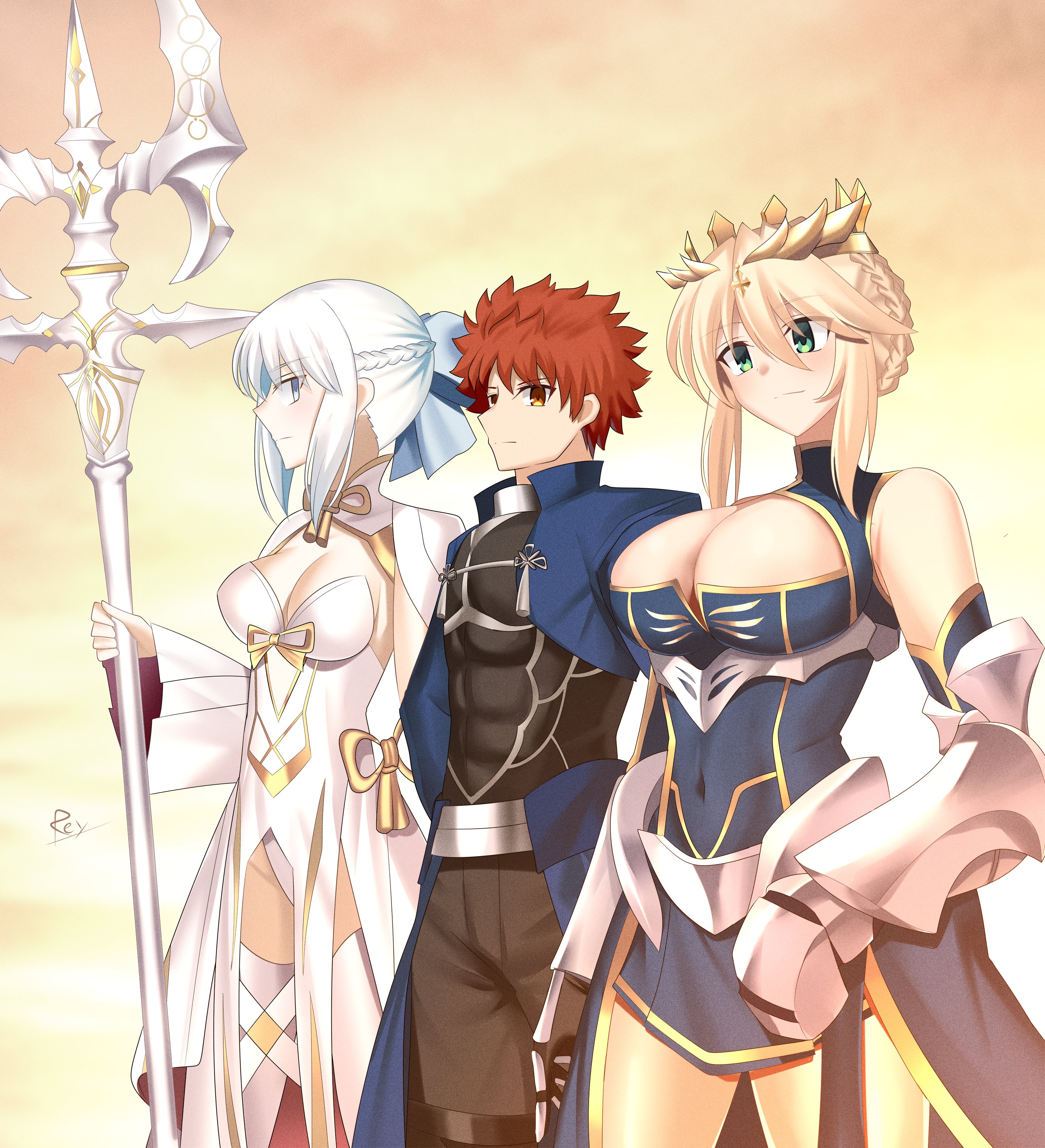 rey r31 44, archer (fate), artoria pendragon (fate), artoria pendragon (lancer) (fate), artoria pendragon (lancer) (third ascension) (fate), emiya shirou, morgan le fay (fate), morgan le fay (queen of winter) (fate), fate/grand order, fate/stay night, fate (series), absurdres, highres, 1boy, 2girls, ahoge, alternate color, archer (fate) (cosplay), blonde hair, blue bow, blue eyes, blue gloves, blue leotard, blue thighhighs, blush, bow, braid, braided bun, breasts, center opening, cleavage, clothing cutout, cosplay, covered navel, crown, dress, gloves, green eyes, grey hair, hair between eyes, hair bow, hair bun, half up braid, harem, heattech leotard, highleg, highleg leotard, holding, holding staff, lance, large breasts, leotard, long hair, long sleeves, multiple girls, navel, orange hair, polearm, ponytail, red hair, short hair, sidelocks, sleeveless, sleeveless turtleneck, smile, staff, stomach cutout, takeuchi takashi (style), thighhighs, thighs, turtleneck, two-tone dress, weapon, white dress, white hair, yellow eyes