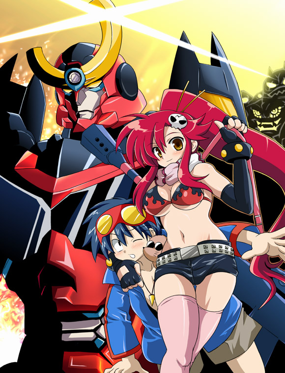 waiai, boota (ttgl), gurren-lagann, simon (ttgl), yoko littner, tengen toppa gurren lagann, 00s, 1boy, 1girl, anti-materiel rifle, bikini, bikini top only, gun, rifle, short shorts, shorts, sniper rifle, swimsuit, thighhighs, weapon