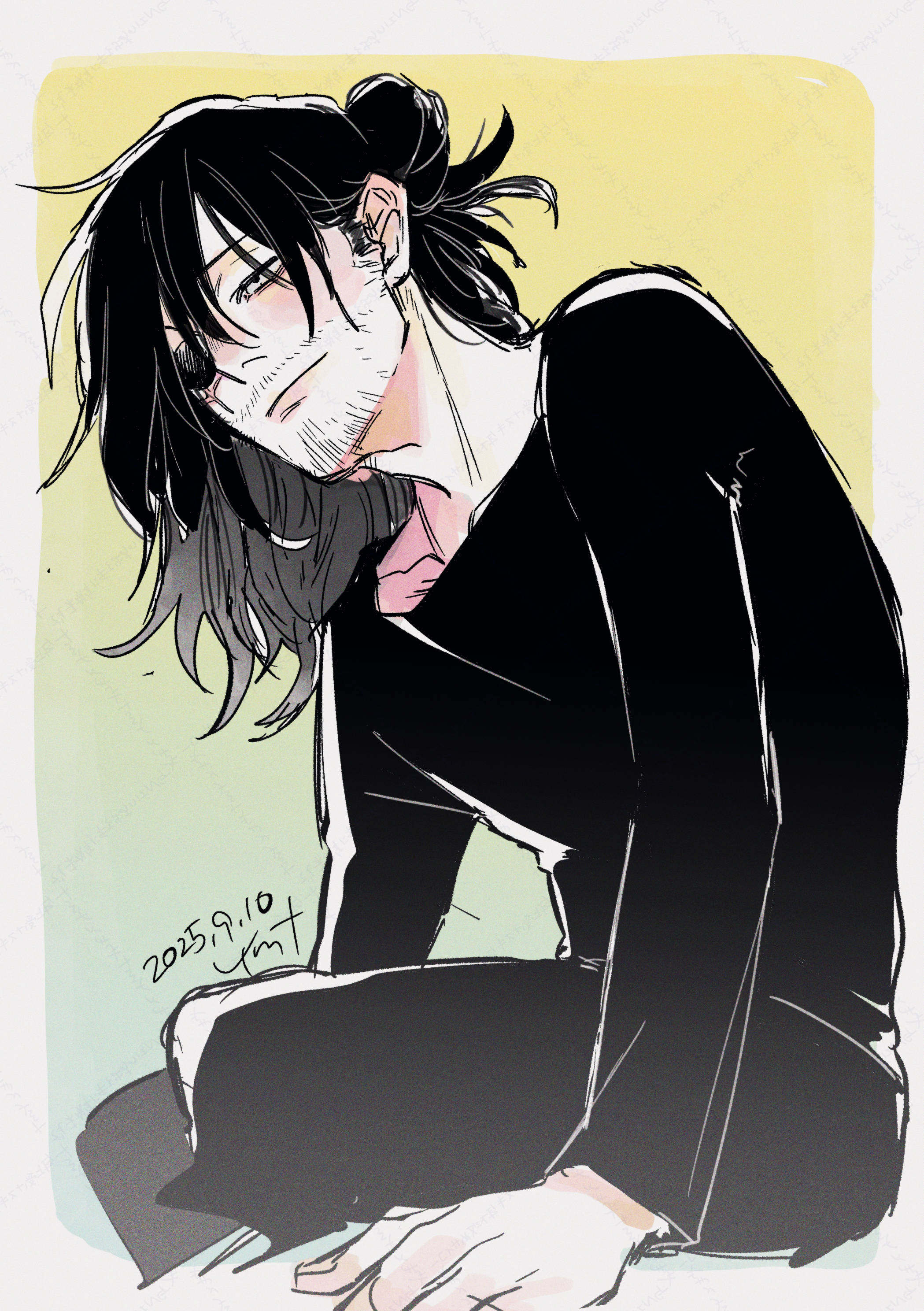 aizawa shota, boku no hero academia, absurdres, commentary request, highres, 1boy, beard, black hair, black pants, black shirt, closed mouth, collarbone, cropped legs, dated, eyelashes, eyepatch, facial hair, hair bun, invisible chair, light smile, long sleeves, male focus, one eye covered, pants, shirt, single hair bun, sitting, solo, ymtyamo