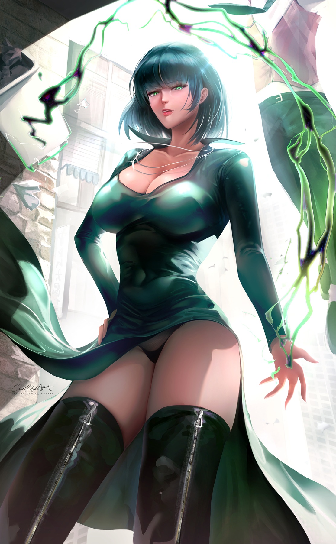 cindy (cindyart), fubuki (one-punch man), one-punch man, highres, 1boy, 1girl, bob cut, breasts, cleavage, clothes lift, dress, dress lift, green dress, green eyes, green hair, green panties, green thighhighs, large breasts, lips, looking at viewer, panties, short hair, solo focus, thighhighs, underwear, wind, zipper, zipper pull tab