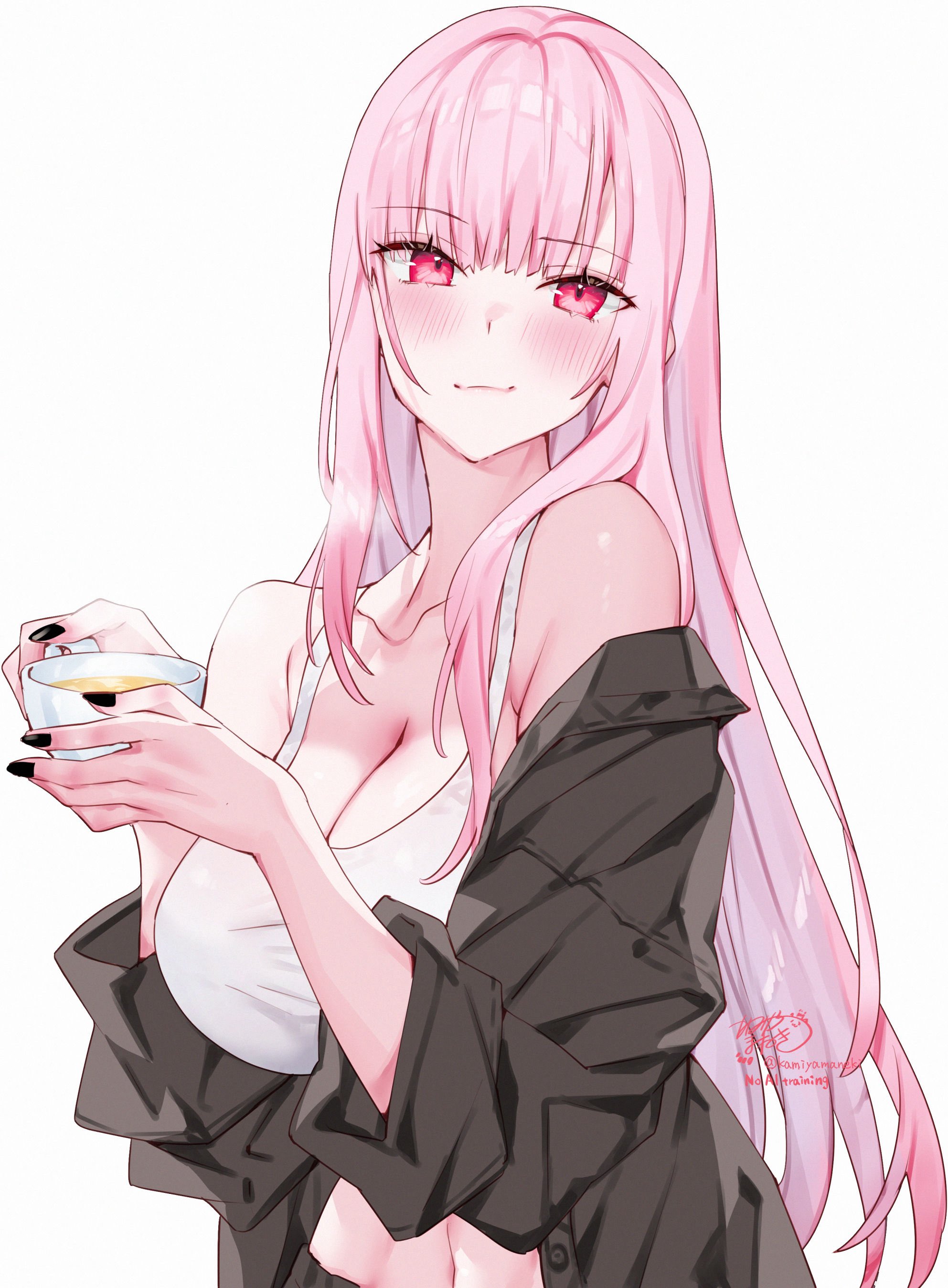 kamiya maneki, mori calliope, hololive, hololive english, absurdres, commentary, english commentary, highres, 1girl, alternate costume, black nails, black shirt, blunt bangs, breasts, closed mouth, crop top, cup, holding, holding cup, large breasts, light smile, long hair, looking at viewer, midriff, nail polish, navel, off shoulder, open clothes, open shirt, pink eyes, pink hair, shirt, sidelocks, simple background, solo, straight hair, tank top, upper body, virtual youtuber, white background, white tank top