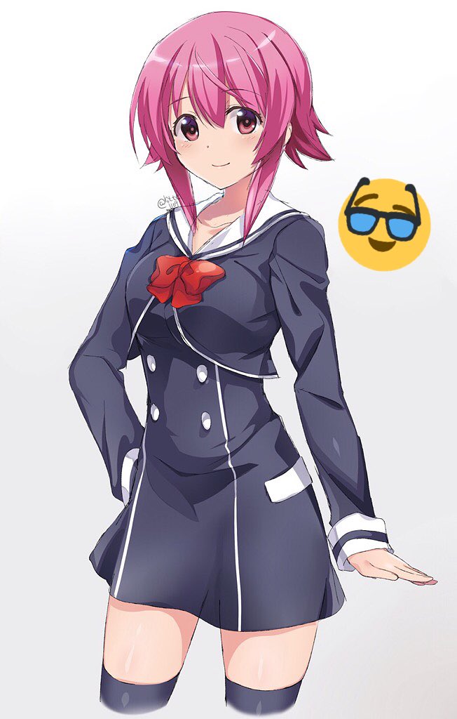 rotte (1109), onoe serika, chaos;child, science adventure, non-web source, 1girl, black thighhighs, blush, bow, breasts, buttons, cheat bow, closed mouth, cowboy shot, cropped jacket, dress vest, hair between eyes, hand on own hip, long sleeves, looking at viewer, medium breasts, miniskirt, pink eyes, pink hair, red bow, sailor collar, school uniform, shiny clothes, shiny legwear, shiny skin, short hair, simple background, skirt, smile, solo, standing, thighhighs, thighs, white background, white sailor collar, white trim, zettai ryouiki