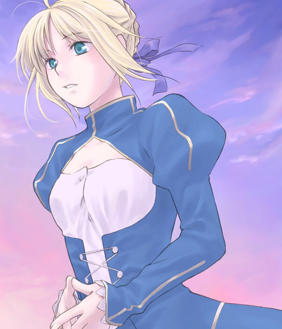 kannuki hisui, artoria pendragon (fate), saber (fate), fate/stay night, fate (series), 00s, 1girl, ahoge, blonde hair, blue dress, breasts, cleavage, cleavage cutout, clothing cutout, dress, female focus, green eyes, juliet sleeves, long sleeves, puffy long sleeves, puffy sleeves, purple sky, short hair, sky, small breasts, solo, upper body