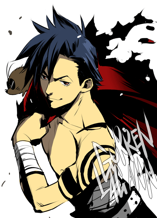 ariko, boota (ttgl), kamina (ttgl), tengen toppa gurren lagann, 00s, 1boy, bandages, blue hair, bodypaint, cape, copyright name, male focus, mannen take, solo, topless male