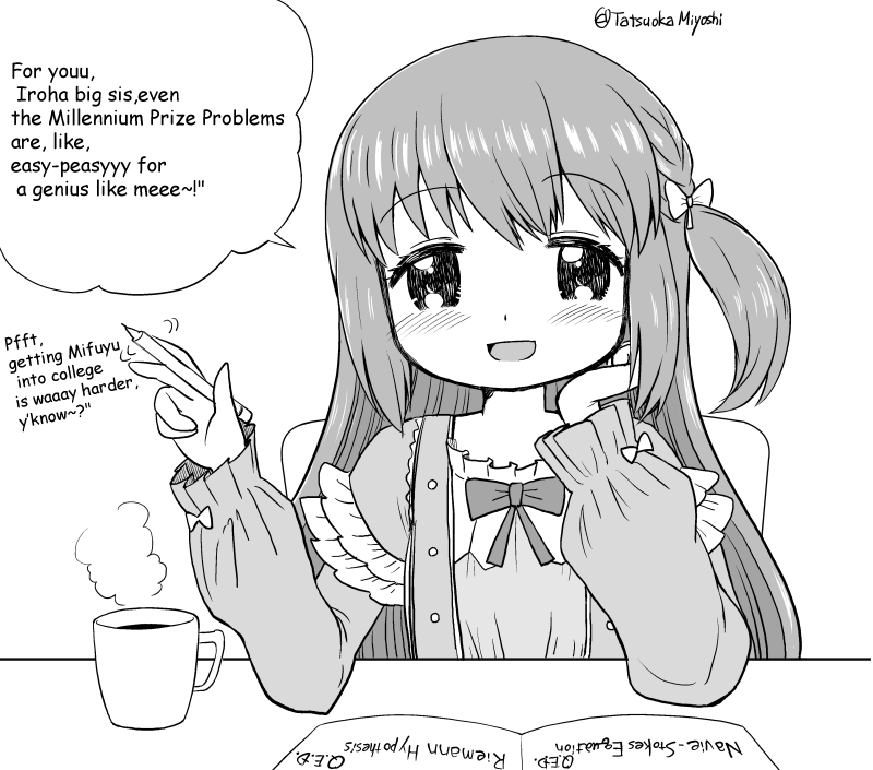 tatsuoka miyoshi, satomi touka, magia record: mahou shoujo madoka magica gaiden, mahou shoujo madoka magica, mahou shoujo madoka magica magia exedra, 1girl, blush, braid, cup, dress, frilled dress, frills, long hair, note, pen, smile, speech bubble, table