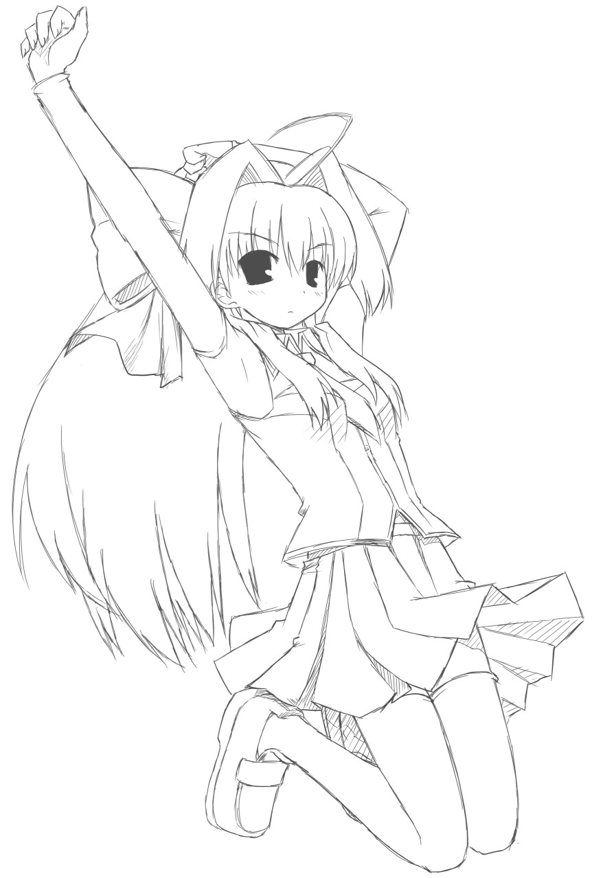 hoshi umi, corticarte apa lagranges, shinkyoku soukai polyphonica, highres, 00s, greyscale, jumping, monochrome, sketch, solo, thighhighs, zettai ryouiki