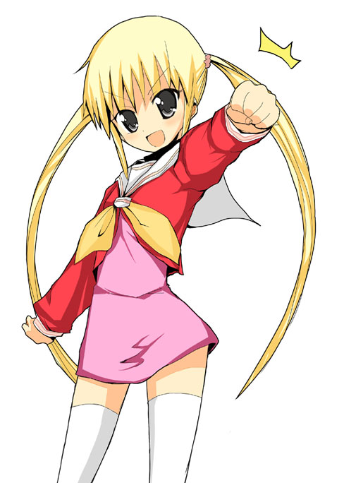 maro nie, sanzen'in nagi, hayate no gotoku!, >:d, 00s, 1girl, :d, ^^^, black eyes, blonde hair, clenched hand, cowboy shot, cropped jacket, dress, female focus, long hair, long sleeves, looking at viewer, neckerchief, open mouth, outstretched arm, pink dress, sailor collar, short dress, simple background, smile, solo, thighhighs, tsurime, twintails, v-shaped eyebrows, white background, white thighhighs, zettai ryouiki