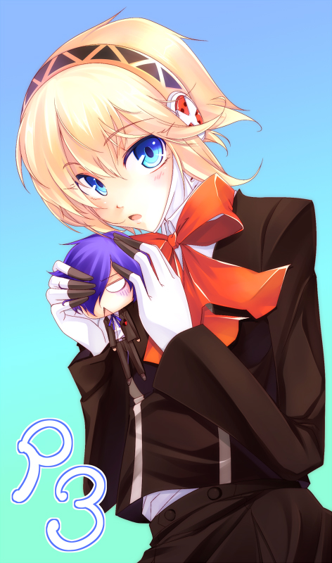 kawakami shuuichi, shu (artist), aigis (persona), yuuki makoto (persona 3), atlus, persona, persona 3, 1boy, 1girl, android, blonde hair, blue eyes, chibi