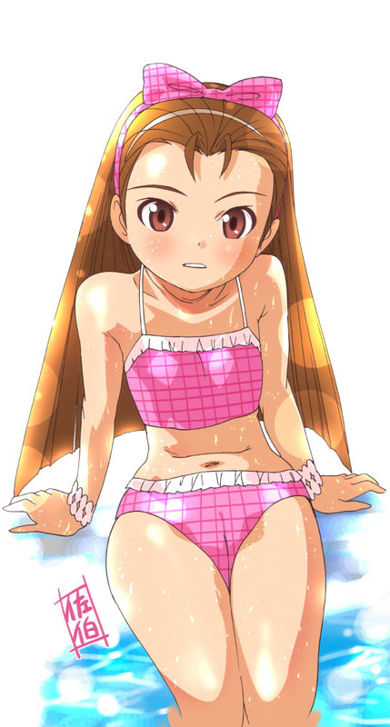 saeki tatsuya, minase iori, idolmaster, idolmaster (classic), idolmaster 1, 00s, 1girl, bare shoulders, bikini, blush, bow, brown eyes, brown hair, collarbone, female focus, hair bow, loli, long hair, looking at viewer, navel, pink bikini, pink bow, plaid bikini, plaid clothes, red eyes, simple background, smile, solo, stomach, swimsuit, white background