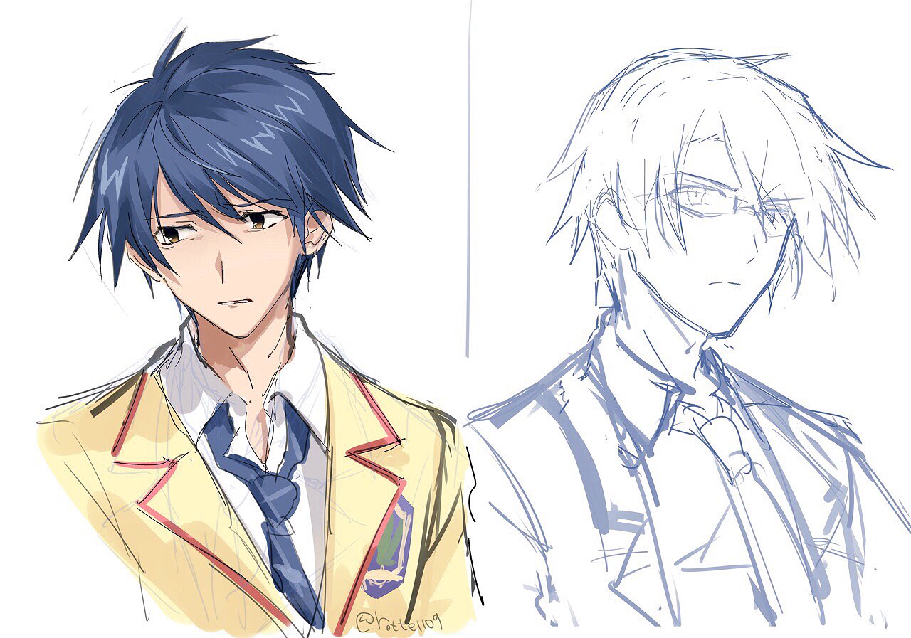 rotte (1109), miyashiro takuru, nishijou takumi, chaos;child, chaos;head, science adventure, non-web source, 2boys, blazer, blue hair, clenched teeth, collared shirt, glasses, hekiho academy school uniform, jacket, looking at viewer, loose necktie, male focus, multiple boys, necktie, open collar, parted lips, school uniform, shirt, short hair, simple background, sketch, suimei academy school uniform, teeth, upper body, white background