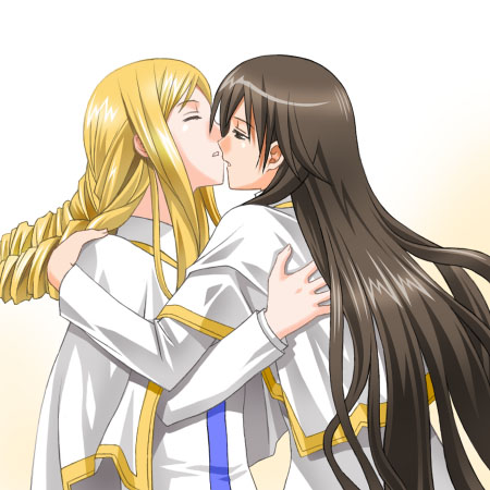 umekichi, akira ferrari, alicia florence, aria (manga), lowres, 00s, 2girls, blonde hair, brown hair, high collar, imminent kiss, long hair, multiple girls, yuri