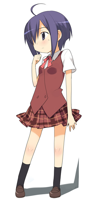 nora higuma, miyazaki nodoka, mahou sensei negima!, 00s, ahoge, blue eyes, blue hair, blush, hair over eyes, hair over one eye, hand to own mouth, plaid clothes, plaid skirt, school uniform, serafuku, shadow, short hair, skirt, solo, sweatdrop, vest