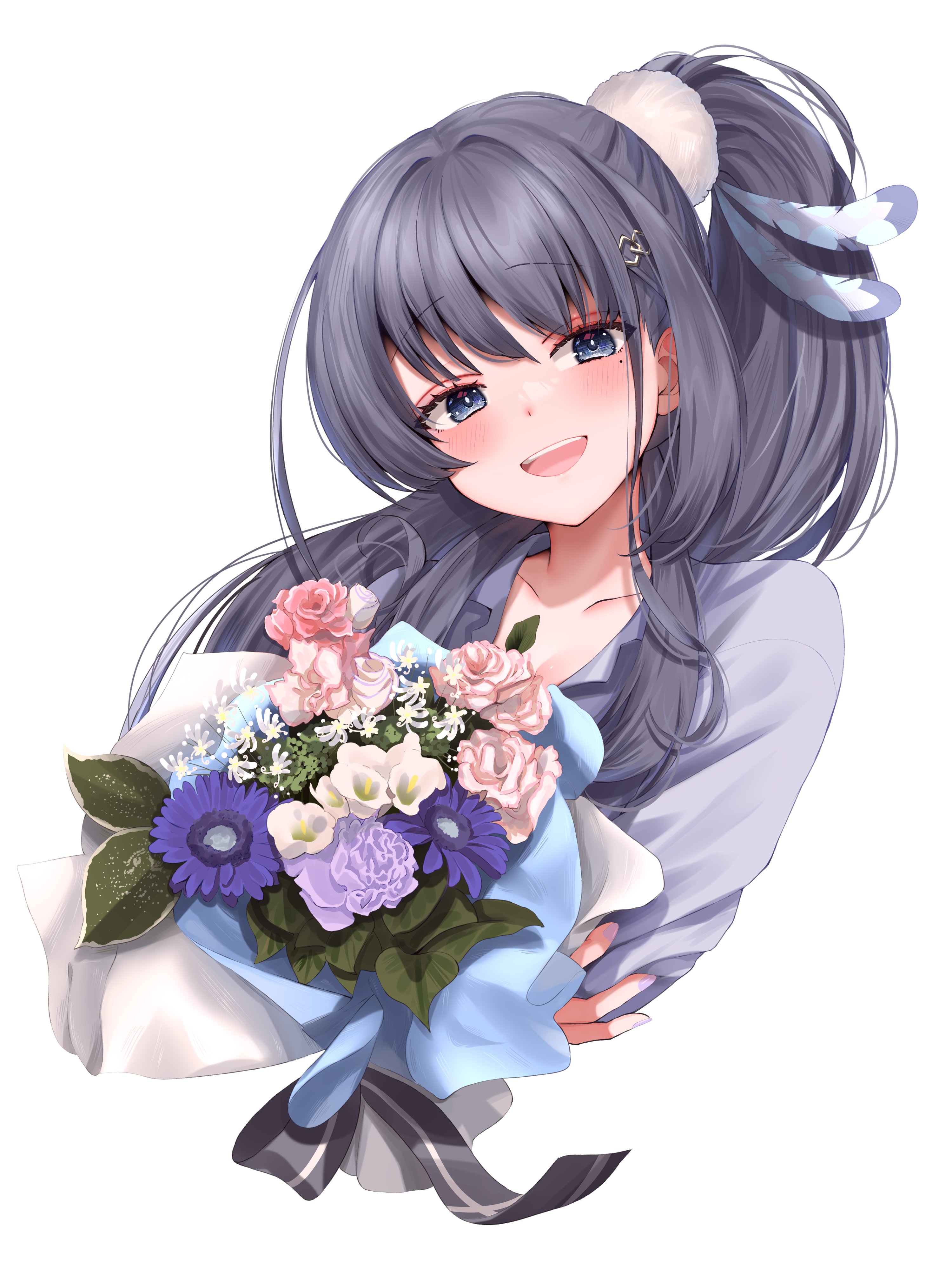 narushima kanna, absurdres, highres, 1girl, :d, blue eyes, blue flower, blue hair, blue shirt, blush, bouquet, chikakuno izumi, collarbone, flower, hair ornament, hair scrunchie, holding, holding bouquet, long hair, looking at viewer, mole, mole under eye, open mouth, pink flower, ponytail, scrunchie, sekirara demo iiyo, shirt, simple background, smile, solo, teeth, upper body, upper teeth only, virtual youtuber, white background, white flower, white scrunchie