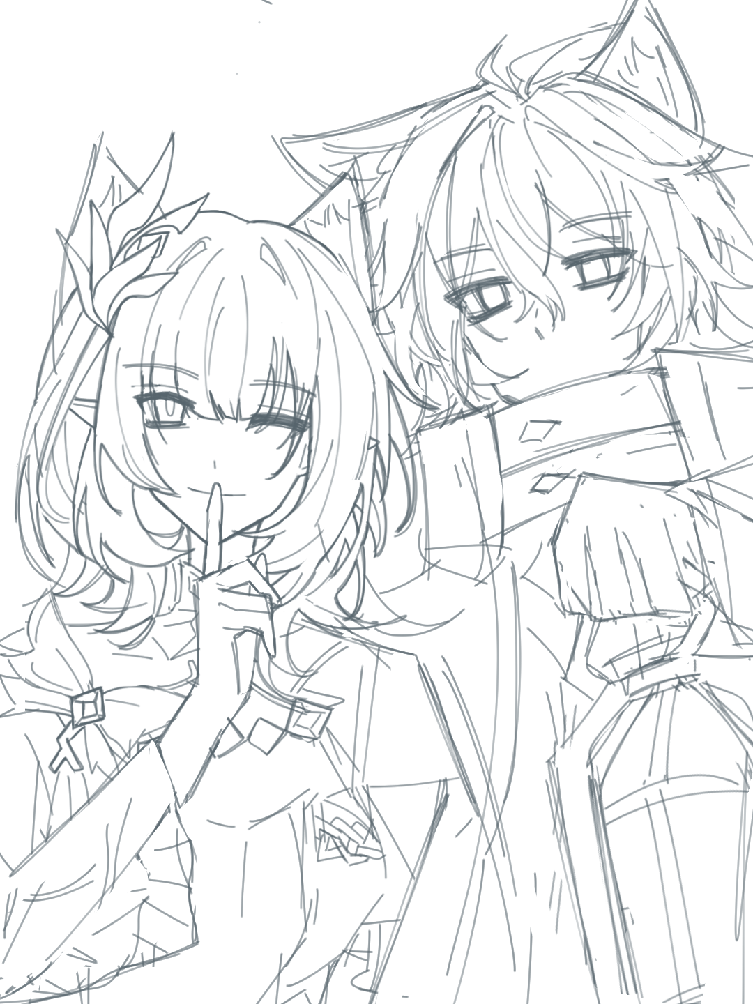 elysia (honkai impact), elysia (miss pink elf) (honkai impact), flins (genshin impact), genshin impact, honkai (series), honkai impact 3rd, mihoyo, chinese commentary, commentary request, highres, 1boy, 1girl, ;), animal ears, breasts, cat ears, coat, corset, elf, finger to mouth, greyscale, holding, holding lantern, lantern, large breasts, looking at viewer, mihayounigaisia52268, monochrome, one eye closed, pointy ears, short hair, shrug (clothing), shushing, smile