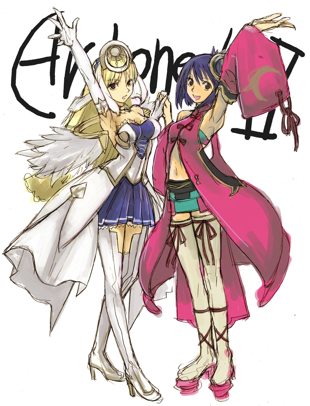 tetsu (kimuchi), chroche latel pastalie, luca truelywaath, ar tonelico, ar tonelico ii, gust, platform footwear, highres, 00s, 2girls, angel wings, armpits, arms up, black eyes, blonde hair, blue hair, boots, elbow gloves, footwear ribbon, gloves, hair ornament, high heels, long hair, midriff, miniskirt, multiple girls, purple eyes, ribbon, shoes, short hair, sketch, skirt, thigh boots, thighhighs, wide sleeves, wings