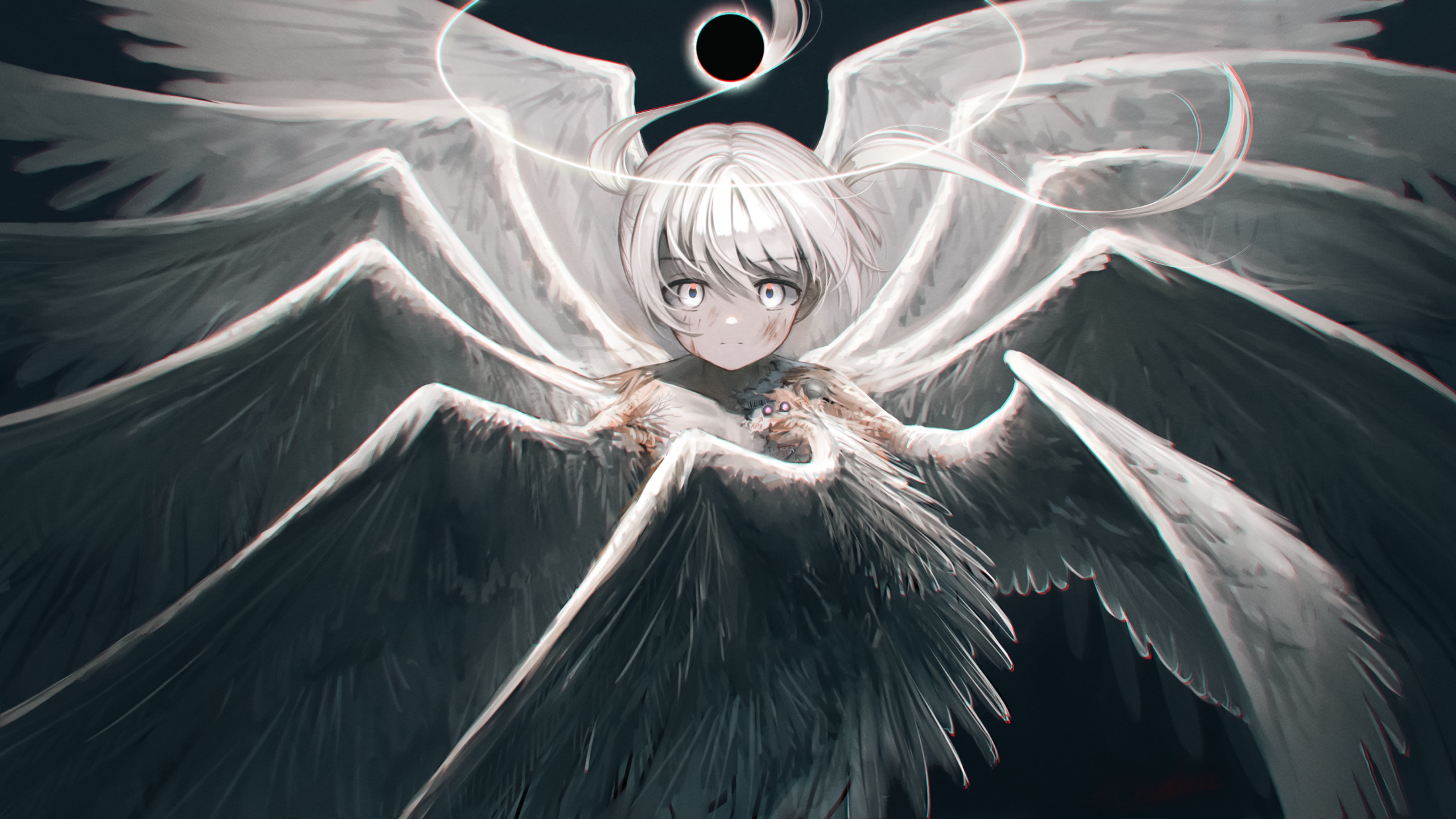 enden nix, original, absurdres, commentary, highres, 1other, androgynous, android, angel, angel wings, black background, closed mouth, damaged, eclipse, exposed internal machinery, expressionless, feathered wings, floating hair, glowing, glowing halo, halo, joints, looking at viewer, mechabare, multiple wings, nude, robot joints, short hair, solar eclipse, solo, too many wings, twintails, white eyes, white hair, white wings, wing censor, wings