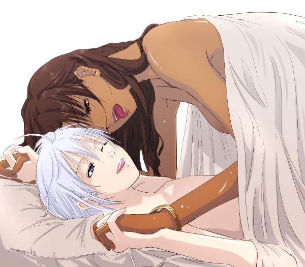 mr.romance, dancer (ragnarok online), wizard (ragnarok online), ragnarok online, 1boy, 1girl, age difference, blue hair, brown hair, dancer, dark-skinned female, dark skin, height difference, hetero, implied sex, interlocked fingers, interracial, licking lips, onee-shota, sex, shota, tongue, tongue out, topless female, trap, under covers, wizard