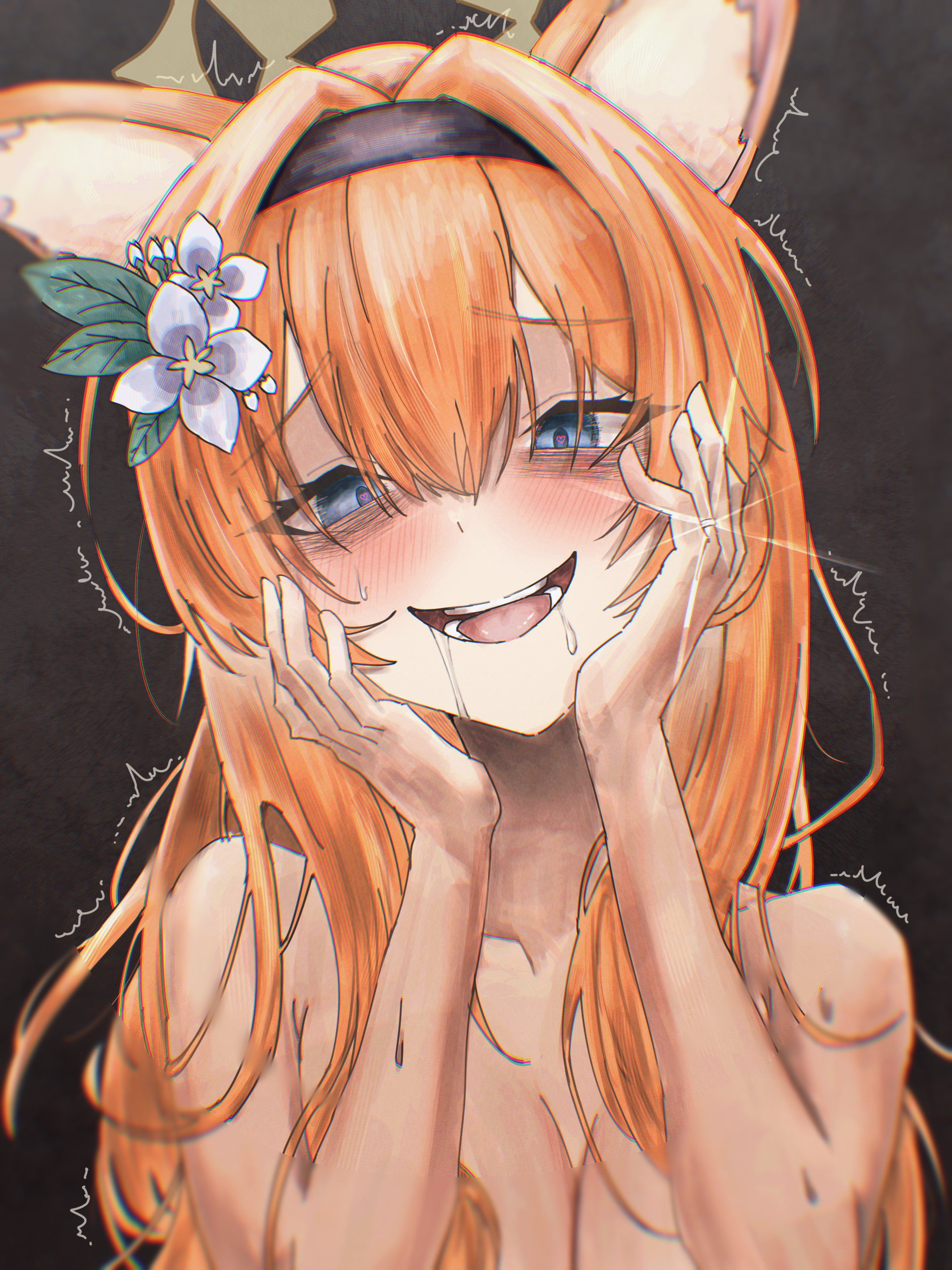 mari (blue archive), blue archive, absurdres, highres, 00zanpan00, 1girl, animal ear fluff, animal ears, black hairband, blue eyes, blush, cat ears, cat girl, completely nude, flower, hair between eyes, hair flower, hair ornament, hairband, halo, hands on own face, heart, heart-shaped pupils, jewelry, long hair, looking at viewer, nude, open mouth, orange hair, ring, saliva, sidelocks, solo, staring, sweat, symbol-shaped pupils, trembling, white flower, yandere, yandere trance, yellow halo