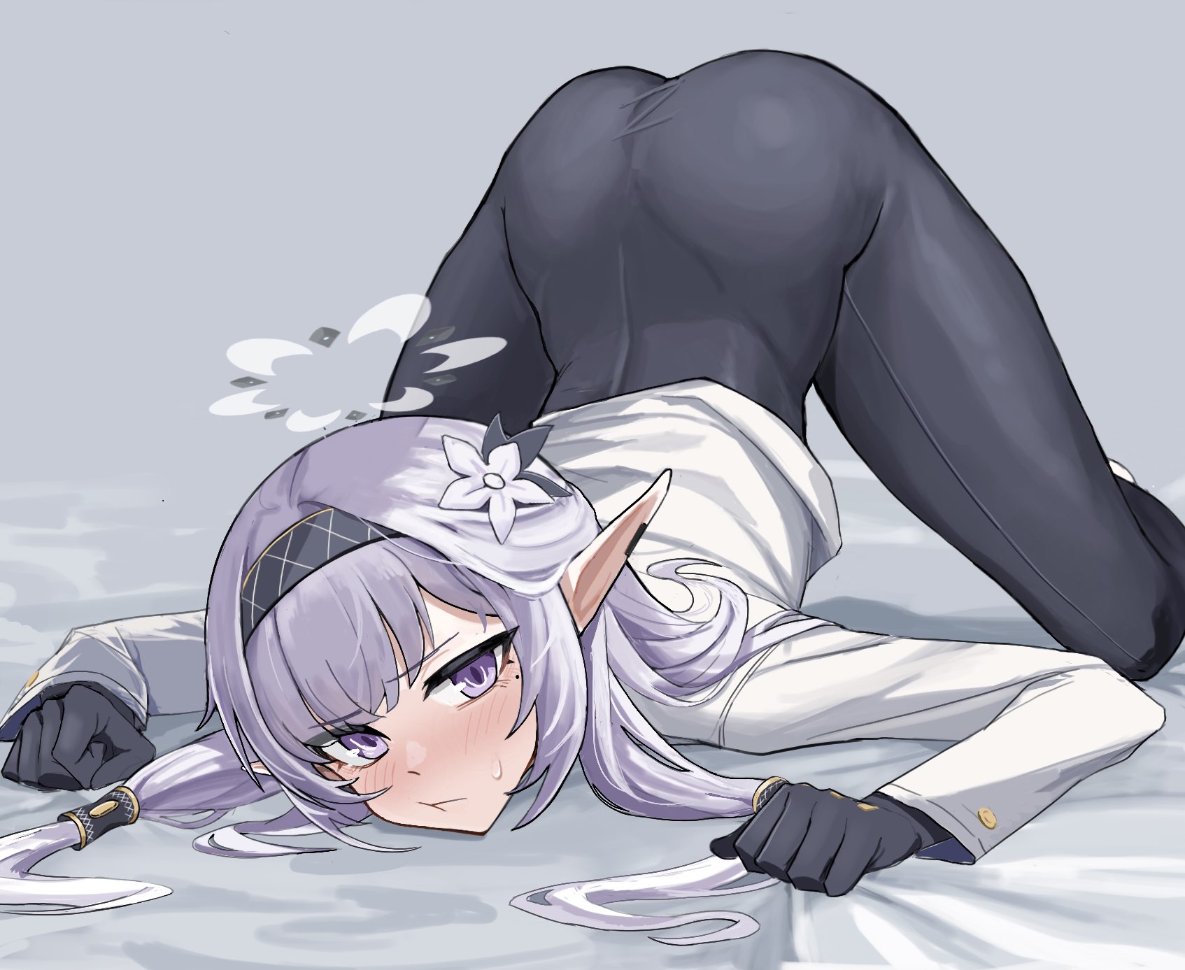 chan ye2, himari (blue archive), blue archive, commentary, highres, revision, 1girl, :t, ass, bed sheet, black bodysuit, black gloves, blush, bodysuit, closed mouth, embarrassed, flower, full body, furrowed brow, gloves, grey background, hair flower, hair ornament, hairband, halo, jack-o' challenge, jacket, kneeling, long hair, long sleeves, looking at viewer, mole, mole under eye, no pants, pointy ears, pout, purple eyes, purple hair, sheet grab, simple background, skin tight, small sweatdrop, solo, spread legs, sweatdrop, top-down bottom-up, white flower, white hair, white halo, white jacket