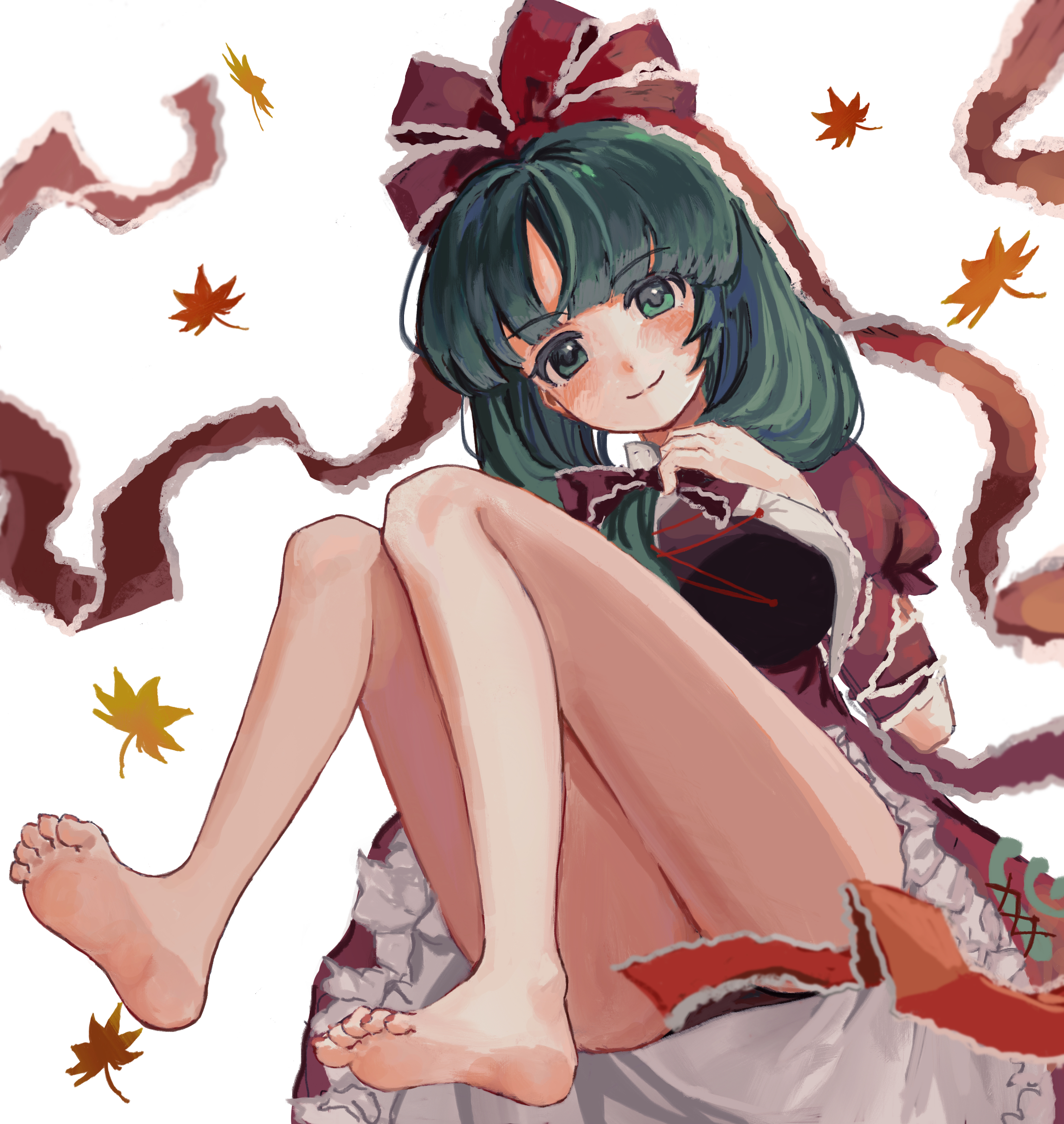 b nosk101, kagiyama hina, touhou, absurdres, commentary request, commission, highres, skeb commission, arm ribbon, barefoot, bow, dress, feet, frilled bow, frilled dress, frilled ribbon, frills, front ponytail, green eyes, green hair, hair bow, leaf, looking at viewer, maple leaf, multiple girls, panties, puffy short sleeves, puffy sleeves, red bow, red dress, red ribbon, ribbon, short sleeves, smile, soles, thighhighs, toes, underwear