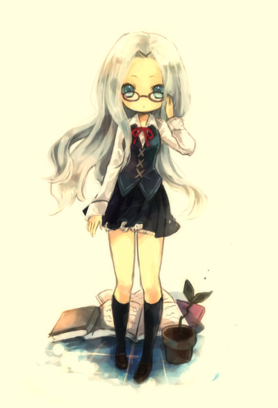 onineko, original, sepia background, 1girl, adjusting eyewear, aqua eyes, black skirt, black socks, blue eyes, book, chibi, dress shirt, expressionless, female focus, flower, full body, glasses, kneehighs, long hair, long sleeves, looking at viewer, neck ribbon, open book, plant, pleated skirt, potted plant, ribbon, shirt, shoes, skirt, socks, solo, standing, tile floor, tiles, vest, wavy hair, white hair, white shirt, wing collar