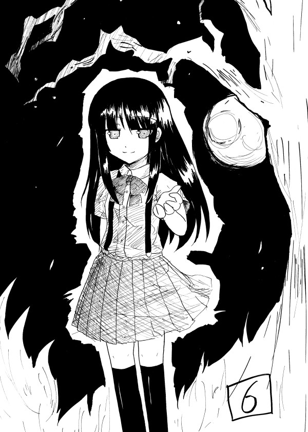 sagiguchi mushinou, shirasagi rokuwa, furude rika, higurashi no naku koro ni, 00s, 1girl, black hair, blunt bangs, female focus, full moon, greyscale, hime cut, kneehighs, long hair, looking at viewer, monochrome, moon, neck ribbon, night, outdoors, pleated skirt, reaching, ribbon, school uniform, shirt, short sleeves, skirt, smile, socks, solo, suspender skirt, suspenders, tree, very long hair