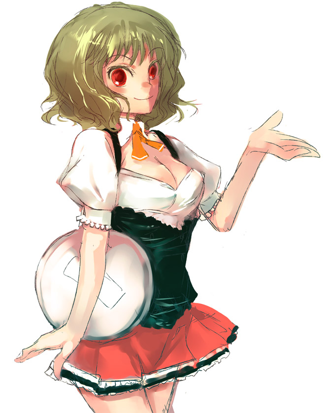 nokishita, kazami yuuka, touhou, 1girl, ascot, breasts, cleavage, female focus, green hair, red eyes, short hair, skirt, smile, solo, tray, waitress, white background