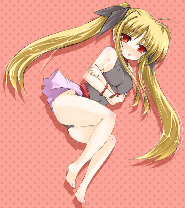 akino ochiba, fate testarossa, lyrical nanoha, mahou shoujo lyrical nanoha, mahou shoujo lyrical nanoha strikers, 00s, 1girl, bare legs, bare shoulders, barefoot, blonde hair, bodysuit, covered navel, crossed arms, female focus, full body, leotard, looking at viewer, pink skirt, polka dot, polka dot background, red eyes, showgirl skirt, skin tight, skirt, solo, twintails, upskirt