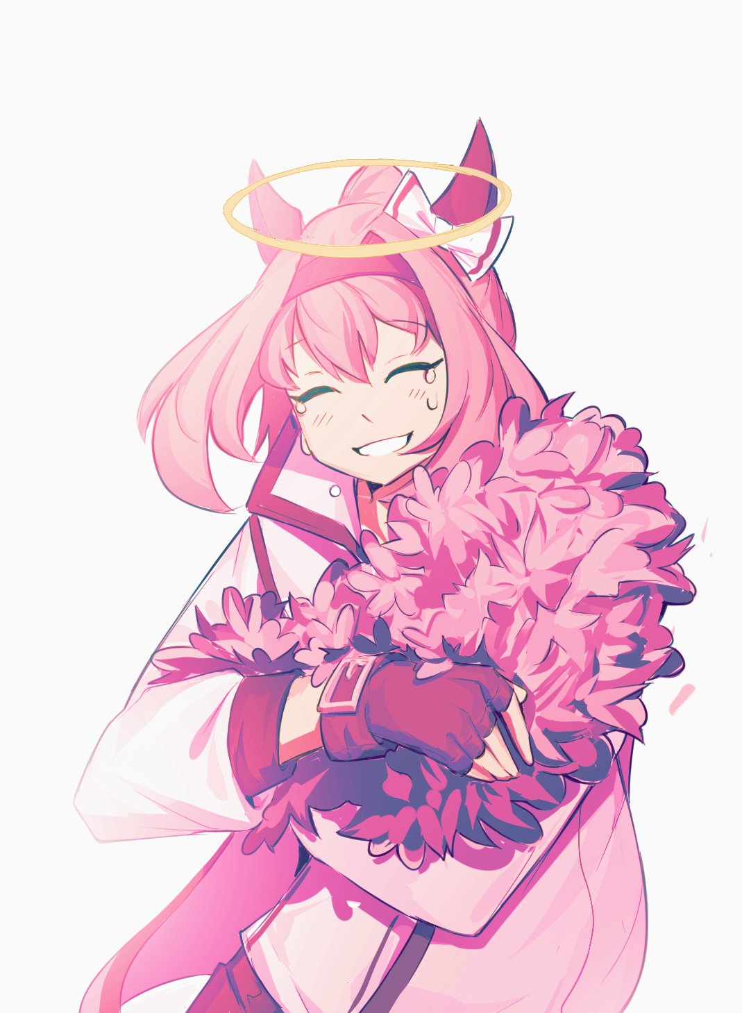 hen 505, haru urara (umamusume), umamusume, highres, 1girl, animal ears, crying, ear covers, fingerless gloves, flower, gloves, hairband, halo, haru urara (bestest prize) (umamusume), holding, holding flower, horse ears, horse girl, jacket, long sleeves, open clothes, open jacket, pink hair, pink hairband, red gloves, smile, solo, tears, white background