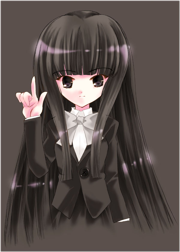 nyanmilla, suou kuyou, suzumiya haruhi no yuuutsu, eyebrows, 00s, 1girl, black background, black dress, black eyes, black hair, black theme, blunt bangs, bow, bowtie, dress, female focus, index finger raised, kouyouen academy school uniform, long hair, long sleeves, looking at viewer, school uniform, simple background, solo, upper body, very long hair, white bow, white bowtie