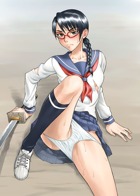 bang-you, yadoumaru lisa, bleach, 00s, 1girl, black hair, blush, braid, female focus, glasses, katana, panties, panties around thighs, panty pull, school uniform, serafuku, shiny skin, shirt, shoes, single braid, sneakers, solo, sweat, sword, torn clothes, torn shirt, underwear, weapon, white panties
