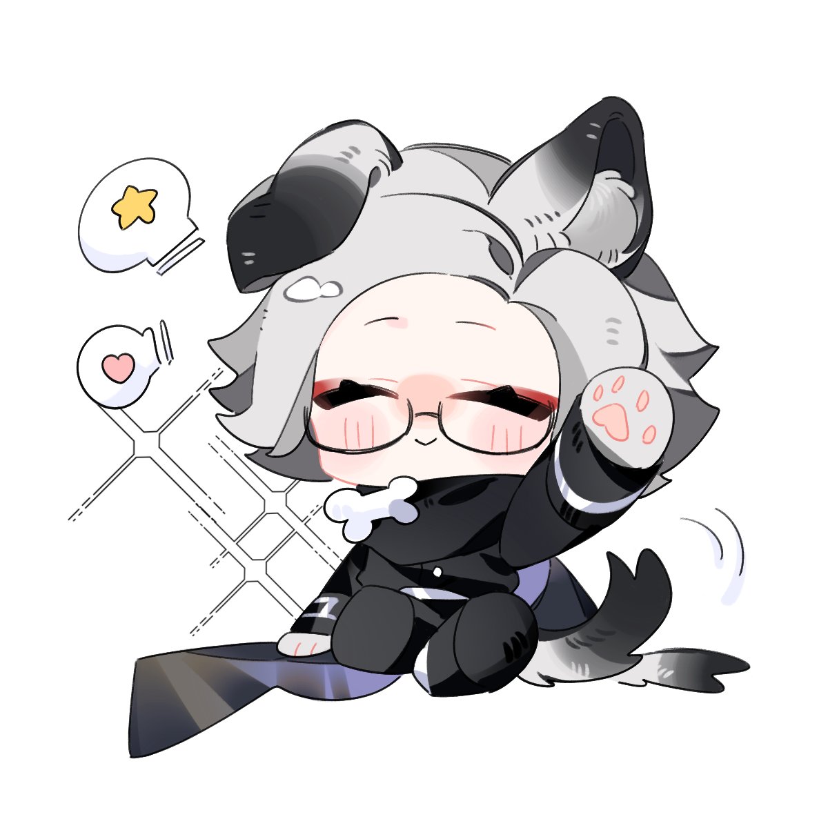 aotsuki eito, the hundred line -last defense academy-, commentary, highres, 1boy, :>, animal ears, animal hands, black cloak, black jacket, blush, bone, chibi, chibi only, cloak, closed eyes, dog boy, dog ears, dog tail, eyeshadow, facing viewer, gakuran, glasses, grey hair, hand up, heart, jacket, kemonomimi mode, last defense academy school uniform, lunarsea404, makeup, male focus, red eyeshadow, school uniform, short hair, simple background, sitting, solo, spoken heart, spoken star, star (symbol), tail, tail wagging, white background