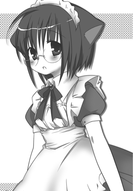 shiratama, shiratama yomogi, original, 1girl, animal ears, cat ears, female focus, glasses, greyscale, monochrome, solo
