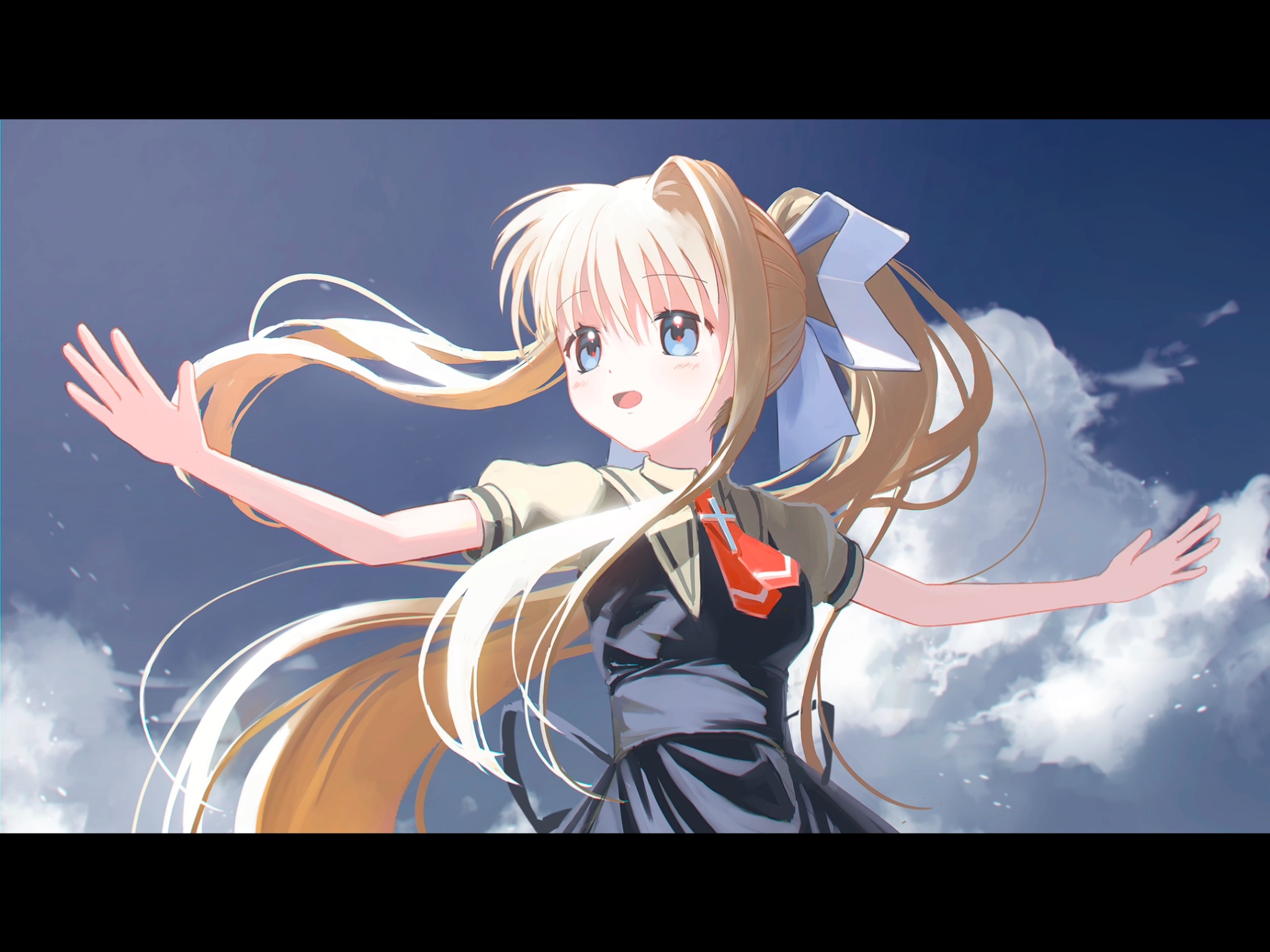 enden nix, kamio misuzu, air (visual novel), commentary, highres, 1girl, ascot, back ribbon, black dress, black ribbon, blonde hair, blue eyes, blue sky, cloud, cross, dress, hair ribbon, letterboxed, long hair, long sidelocks, open hands, open mouth, outdoors, outstretched arms, ponytail, puffy short sleeves, puffy sleeves, red ascot, ribbon, school uniform, shirt, short sleeves, sidelocks, single hair intake, sky, smile, solo, spread arms, turning head, upper body, very long hair, white ribbon, white shirt