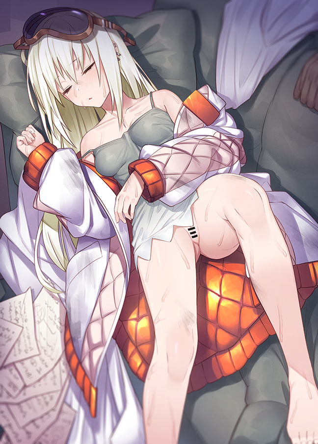 ibuki notsu, original, commentary request, 1girl, bare shoulders, bed sheet, blonde hair, blush, camisole, censored, closed eyes, collarbone, cushion, earrings, goggles, goggles on head, green camisole, jacket, jewelry, long sleeves, lying, mosaic censoring, on back, parted lips, pussy, sleep molestation, solo, sweat, white jacket