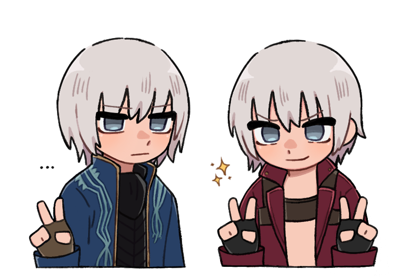 dante (devil may cry), vergil (devil may cry), devil may cry, devil may cry (series), devil may cry 3, commentary, symbol-only commentary, …, 2boys, :|, arm up, arms up, black gloves, black shirt, blue coat, blue eyes, brothers, chest harness, closed mouth, coat, cropped torso, dot nose, double v, fingerless gloves, gloves, hair behind ear, hair down, harness, iluvmyhamster69, jitome, lapels, long sleeves, looking at viewer, male focus, multiple boys, open clothes, open coat, popped collar, red coat, shirt, siblings, smile, sparkle, twins, v, white background, white hair
