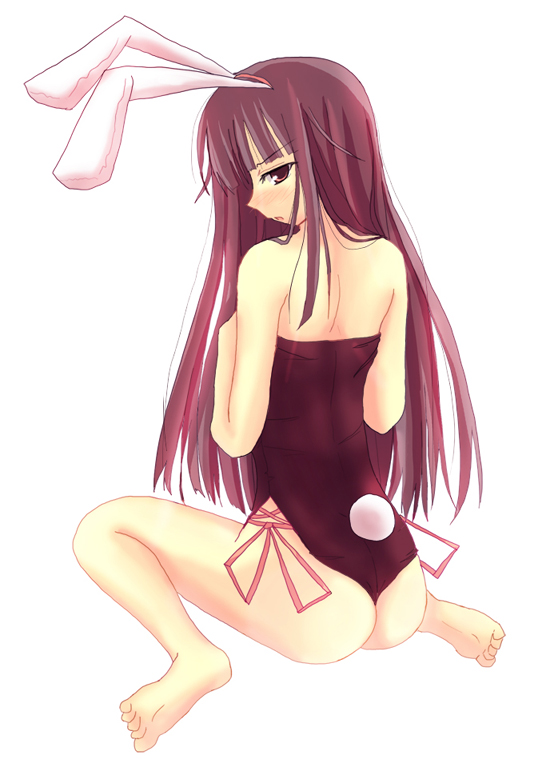 rikudou inuhiko, houraisan kaguya, touhou, 1girl, alternate costume, animal ears, ass, back, backless leotard, bare legs, barefoot, black hair, fake animal ears, feet, female focus, from behind, full body, leotard, long hair, playboy bunny, rabbit ears, rabbit tail, simple background, sitting, solo, tail, thong leotard, white background