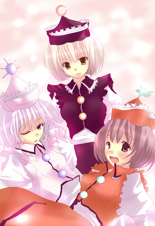 rikudou inuhiko, lunasa prismriver, lyrica prismriver, merlin prismriver, touhou, 3girls, blonde hair, brown hair, female focus, hat, multiple girls, short hair, siblings, sisters, white hair