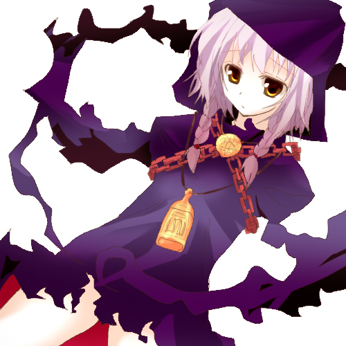 rikudou inuhiko, curse maker, curse maker 2, atlus, etrian odyssey, lowres, 1girl, braid, brown eyes, chain, cloak, cowboy shot, expressionless, female focus, hood, hood up, hooded cloak, legs apart, long hair, looking at viewer, parted lips, pink hair, simple background, solo, standing, thighs, twin braids, white background