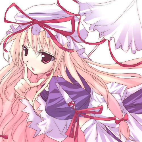 rikudou inuhiko, yakumo yukari, touhou, lowres, 1girl, :o, blonde hair, bow, female focus, hair bow, hat, hat ribbon, index finger raised, long hair, mob cap, parasol, puffy sleeves, red bow, red eyes, red ribbon, ribbon, simple background, solo, umbrella, upper body, very long hair, white background