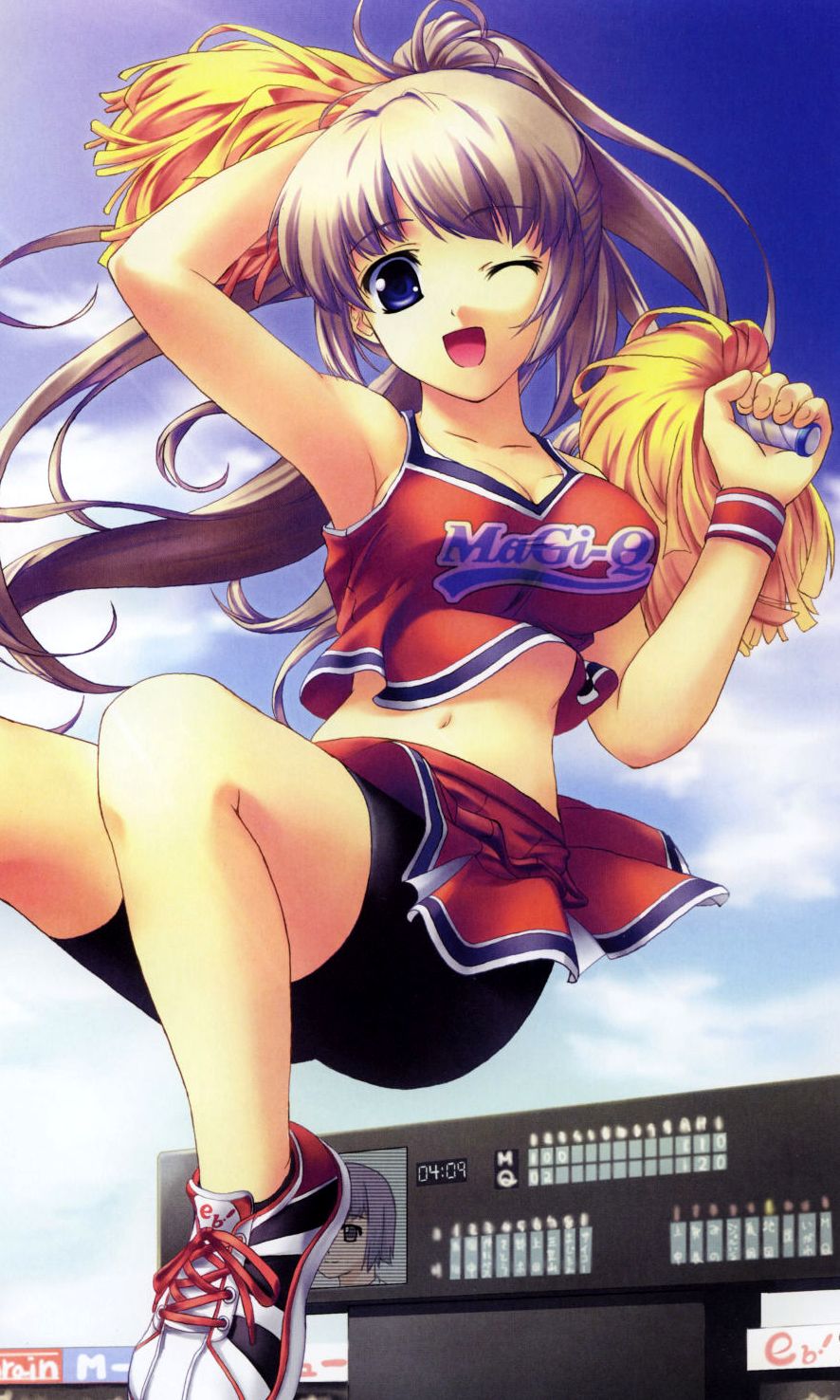 highres, scan, scan artifacts, 1girl, ;d, arm up, armpits, bike shorts, blue eyes, breasts, cheerleader, cleavage, cloud, day, female focus, grey hair, hair ribbon, jumping, large breasts, long hair, midriff, navel, one eye closed, open mouth, outdoors, pom pom (cheerleading), ponytail, ribbon, shoes, sideboob, skirt, sky, smile, sneakers, solo, spandex, wink, wristband