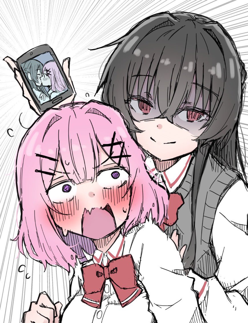 tro illust0821, amaori renako, koto satsuki, watashi ga koibito ni nareru wake naijan murimuri!, 2girls, ashigaya high school uniform, blush, emphasis lines, flying sweatdrops, holding, holding phone, kiss, multiple girls, phone, school uniform, shaded face, smirk, sweater vest, wavy mouth