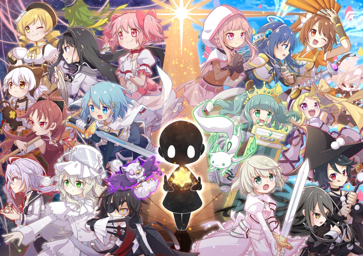 megitti, a-q (madoka magica), akemi homura, aki mabayu, amano suzune, futaba sana, jeanne d'arc (madoka magica), kaname madoka, kazumi (madoka magica), kure kirika, miki sayaka, mikuni oriko, mitsuki felicia, momoe nagisa, namae (magia exedra), nanami yachiyo, riz hawkwood, tamaki iroha, tomoe mami, yui tsuruno, magia record: mahou shoujo madoka magica gaiden, mahou shoujo madoka magica, mahou shoujo madoka magica magia exedra, black hair, blonde hair, blue eyes, blue hair, brown hair, green eyes, green hair, hat, hood, long hair, magical girl, mascot, multiple girls, one eye closed, pink hair, red eyes, red hair, short hair, smile, sword, tower, twintails, weapon, white hair, witch hat